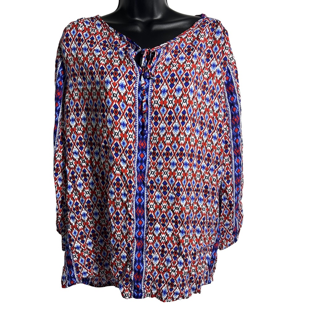 Grace & Greene Shirt Womens Large Red Blue Boho Peasant Top Rayon Geometric